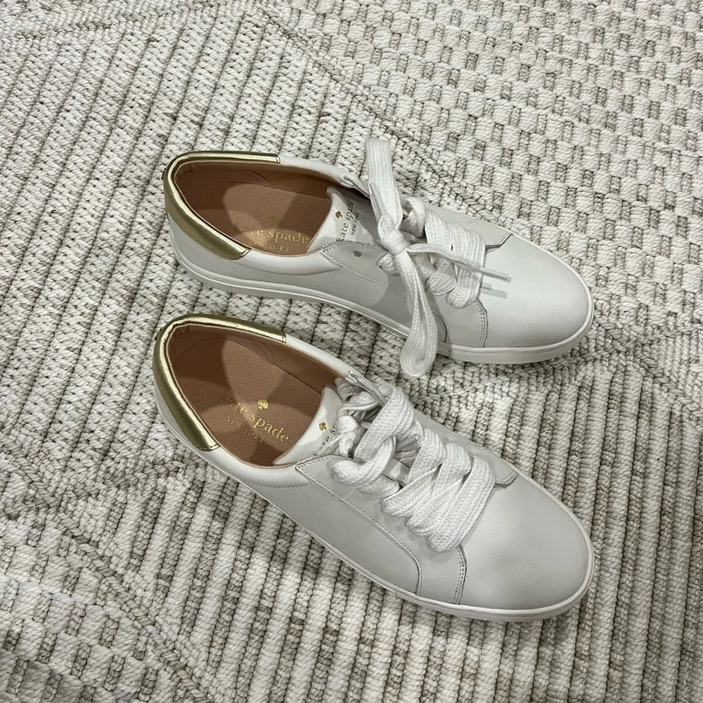 Kate Spade New York Adora Leather White and Gold Sneakers